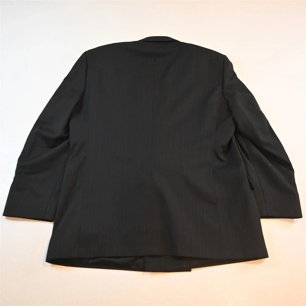 Vtg USA Made Double Breasted 44R 38x30 Black Striped 100% Wool Jacket Pants Suit